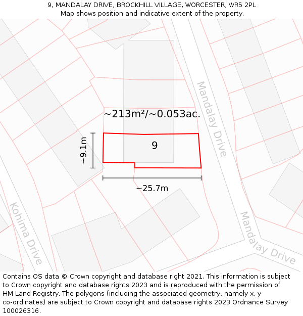 9, MANDALAY DRIVE, BROCKHILL VILLAGE, WORCESTER, WR5 2PL: Plot and title map