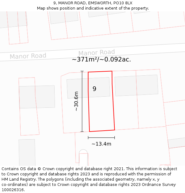 9, MANOR ROAD, EMSWORTH, PO10 8LX: Plot and title map