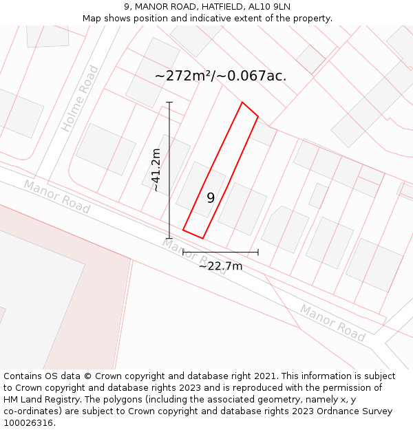 9, MANOR ROAD, HATFIELD, AL10 9LN: Plot and title map