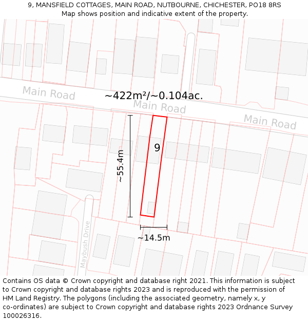 9, MANSFIELD COTTAGES, MAIN ROAD, NUTBOURNE, CHICHESTER, PO18 8RS: Plot and title map