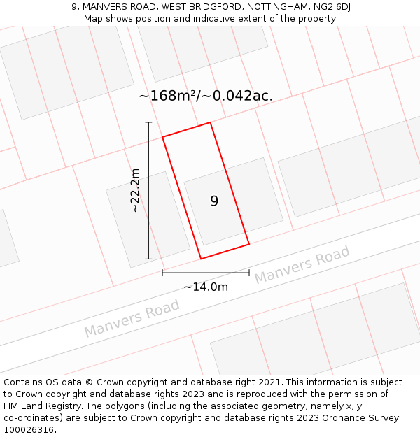 9, MANVERS ROAD, WEST BRIDGFORD, NOTTINGHAM, NG2 6DJ: Plot and title map