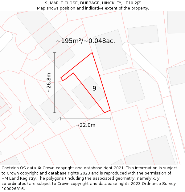 9, MAPLE CLOSE, BURBAGE, HINCKLEY, LE10 2JZ: Plot and title map