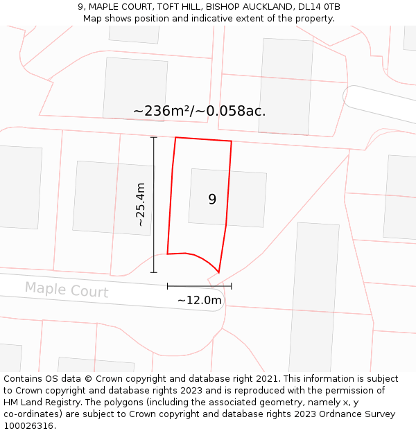 9, MAPLE COURT, TOFT HILL, BISHOP AUCKLAND, DL14 0TB: Plot and title map