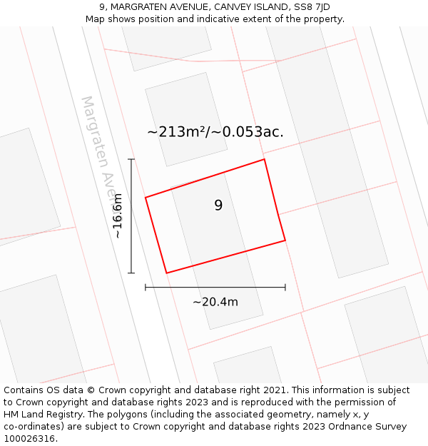 9, MARGRATEN AVENUE, CANVEY ISLAND, SS8 7JD: Plot and title map