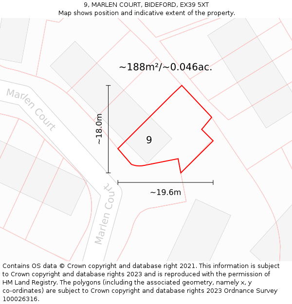 9, MARLEN COURT, BIDEFORD, EX39 5XT: Plot and title map