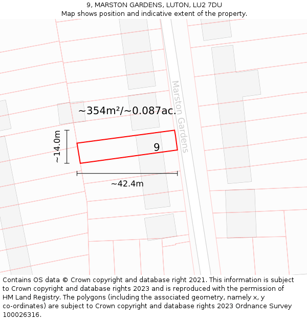 9, MARSTON GARDENS, LUTON, LU2 7DU: Plot and title map