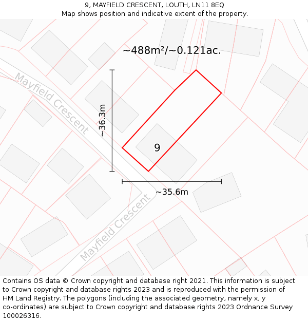 9, MAYFIELD CRESCENT, LOUTH, LN11 8EQ: Plot and title map