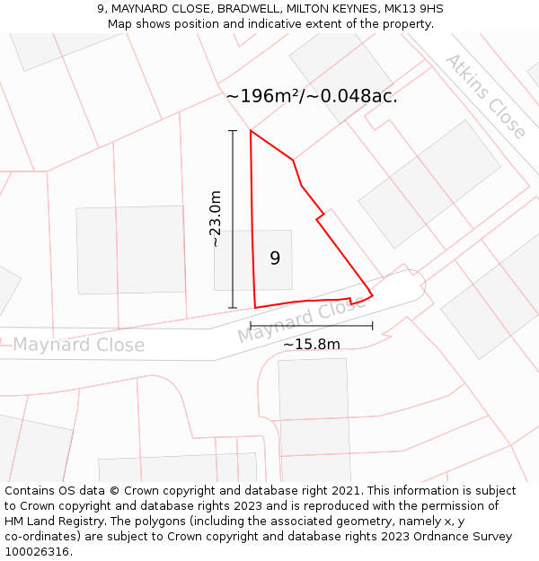 9, MAYNARD CLOSE, BRADWELL, MILTON KEYNES, MK13 9HS: Plot and title map