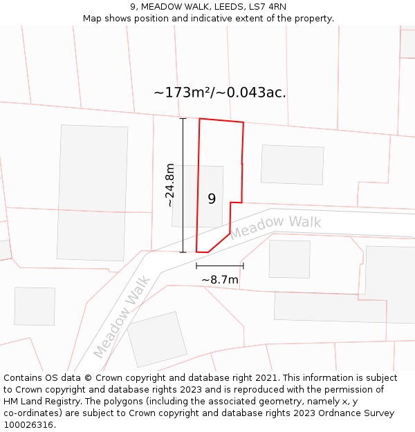 9, MEADOW WALK, LEEDS, LS7 4RN: Plot and title map