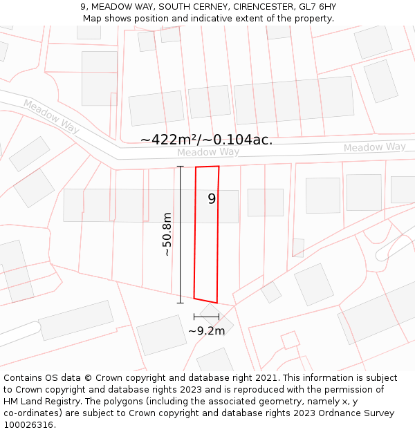 9, MEADOW WAY, SOUTH CERNEY, CIRENCESTER, GL7 6HY: Plot and title map