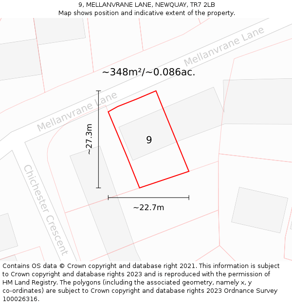 9, MELLANVRANE LANE, NEWQUAY, TR7 2LB: Plot and title map