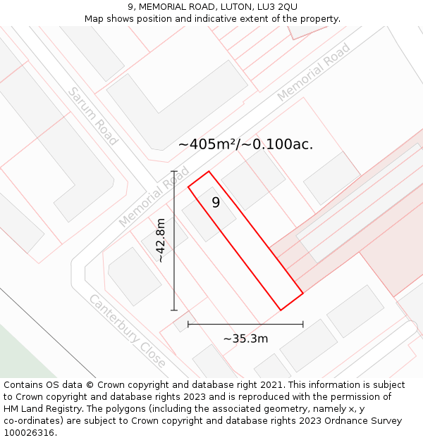 9, MEMORIAL ROAD, LUTON, LU3 2QU: Plot and title map