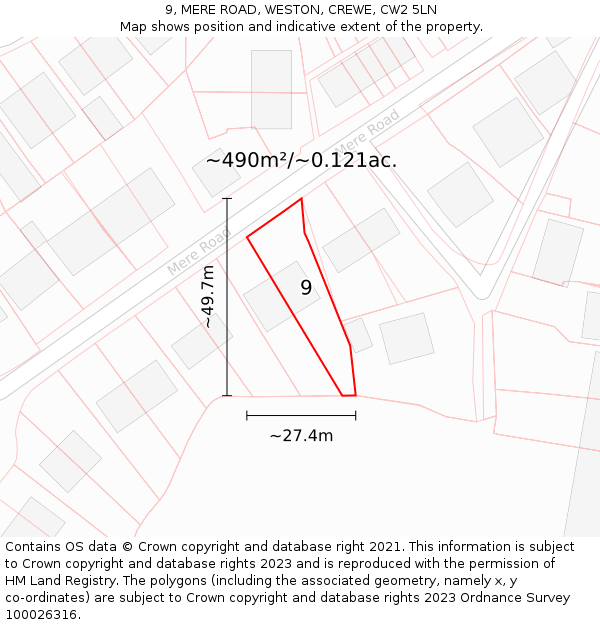 9, MERE ROAD, WESTON, CREWE, CW2 5LN: Plot and title map