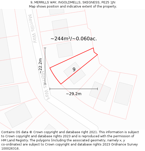 9, MERRILLS WAY, INGOLDMELLS, SKEGNESS, PE25 1JN: Plot and title map