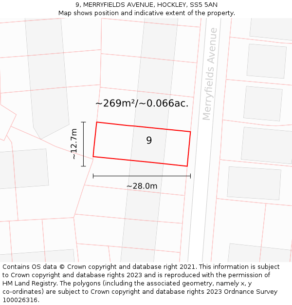 9, MERRYFIELDS AVENUE, HOCKLEY, SS5 5AN: Plot and title map