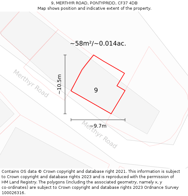 9, MERTHYR ROAD, PONTYPRIDD, CF37 4DB: Plot and title map