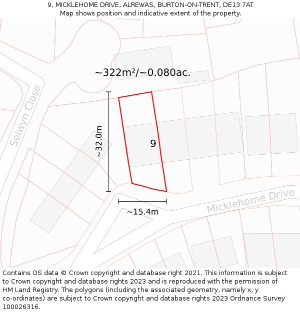 9, MICKLEHOME DRIVE, ALREWAS, BURTON-ON-TRENT, DE13 7AT: Plot and title map