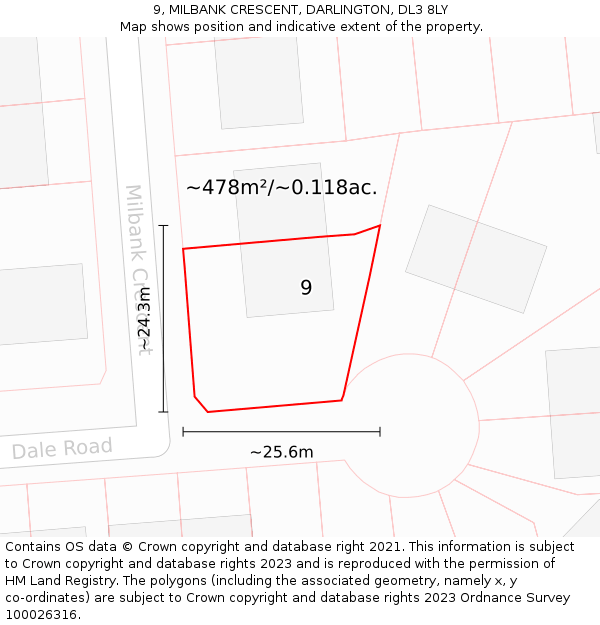 9, MILBANK CRESCENT, DARLINGTON, DL3 8LY: Plot and title map