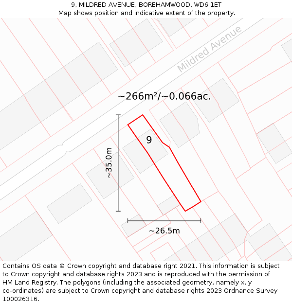 9, MILDRED AVENUE, BOREHAMWOOD, WD6 1ET: Plot and title map