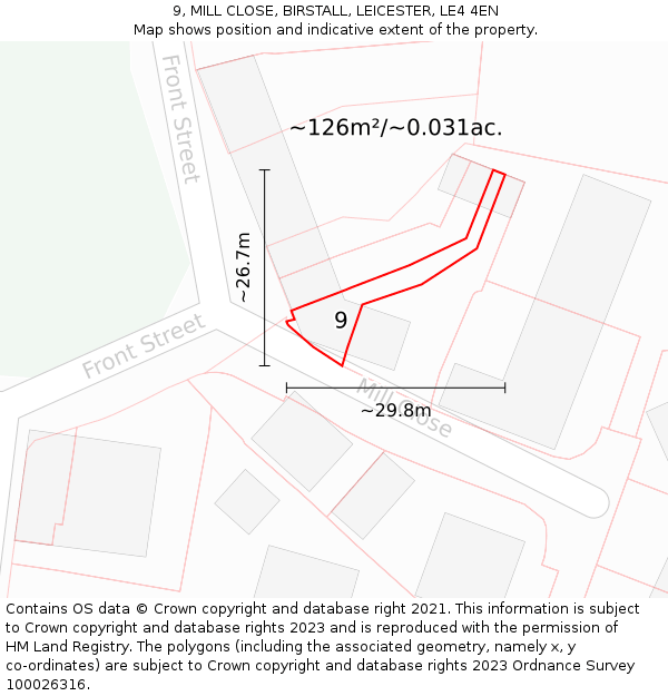 9, MILL CLOSE, BIRSTALL, LEICESTER, LE4 4EN: Plot and title map