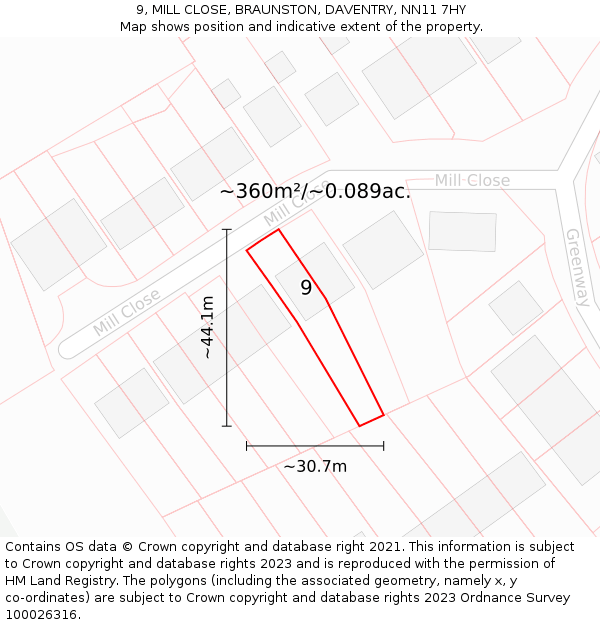 9, MILL CLOSE, BRAUNSTON, DAVENTRY, NN11 7HY: Plot and title map