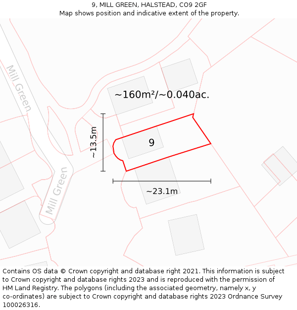 9, MILL GREEN, HALSTEAD, CO9 2GF: Plot and title map