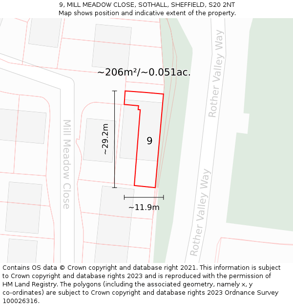 9, MILL MEADOW CLOSE, SOTHALL, SHEFFIELD, S20 2NT: Plot and title map