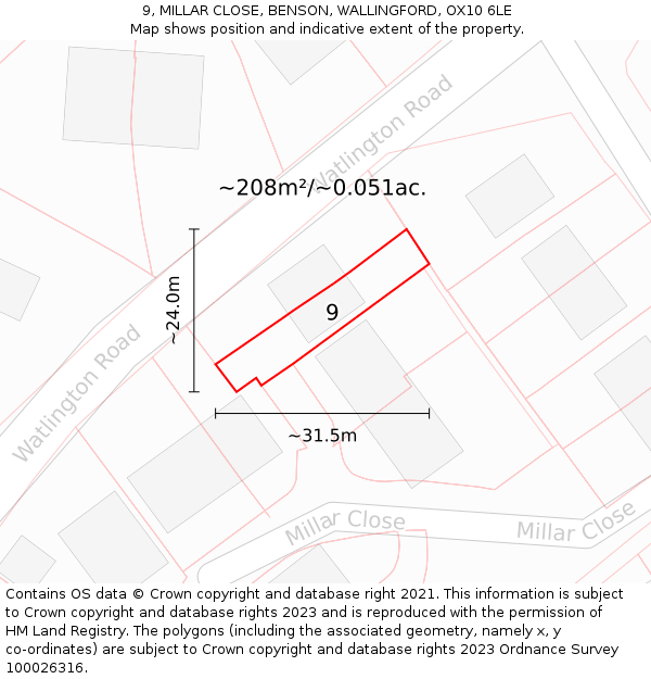 9, MILLAR CLOSE, BENSON, WALLINGFORD, OX10 6LE: Plot and title map