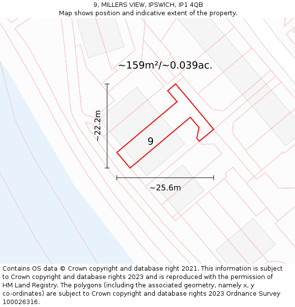 9, MILLERS VIEW, IPSWICH, IP1 4QB: Plot and title map