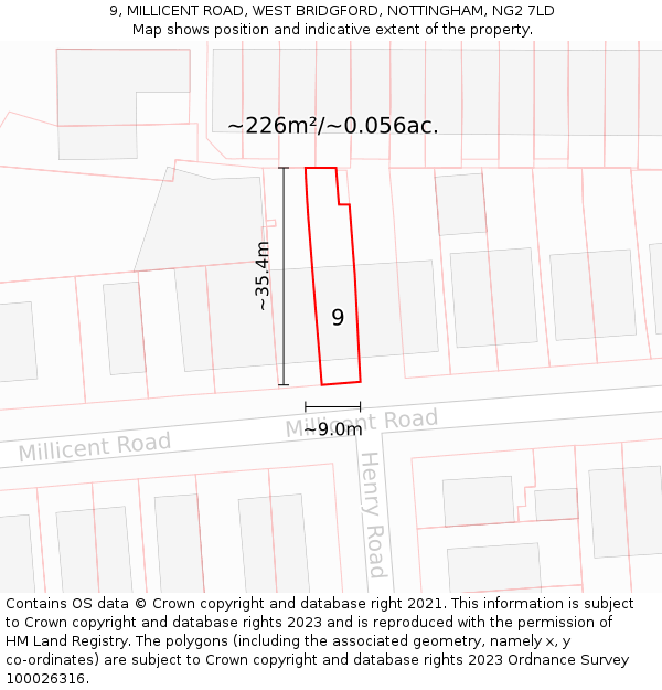 9, MILLICENT ROAD, WEST BRIDGFORD, NOTTINGHAM, NG2 7LD: Plot and title map