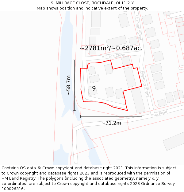 9, MILLRACE CLOSE, ROCHDALE, OL11 2LY: Plot and title map