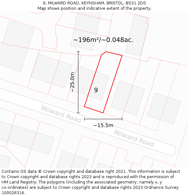 9, MILWARD ROAD, KEYNSHAM, BRISTOL, BS31 2DS: Plot and title map