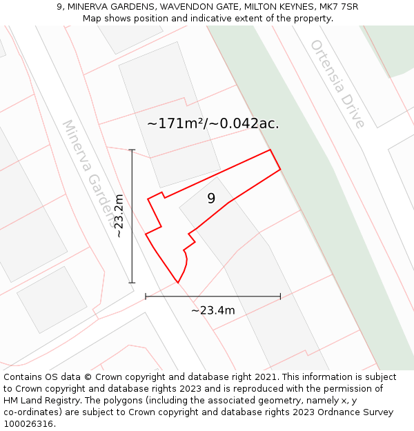 9, MINERVA GARDENS, WAVENDON GATE, MILTON KEYNES, MK7 7SR: Plot and title map