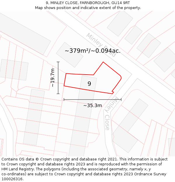 9, MINLEY CLOSE, FARNBOROUGH, GU14 9RT: Plot and title map