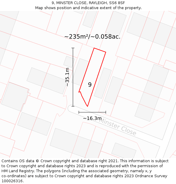 9, MINSTER CLOSE, RAYLEIGH, SS6 8SF: Plot and title map