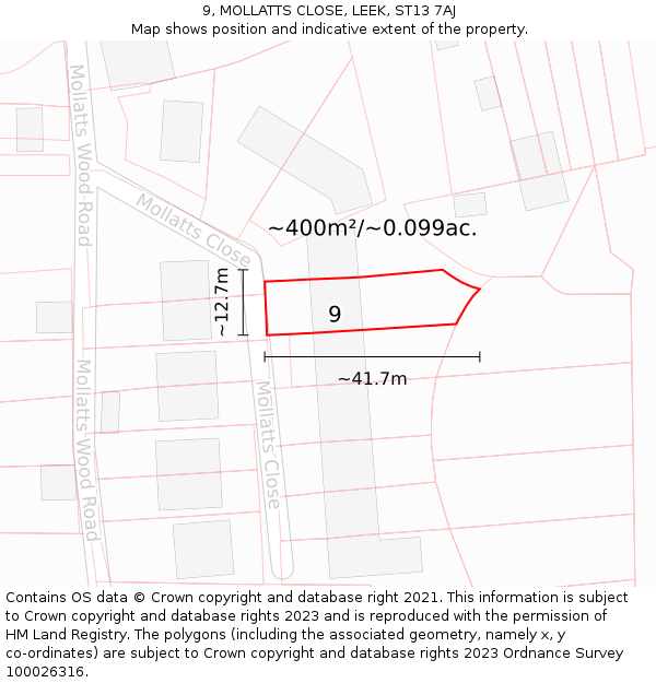 9, MOLLATTS CLOSE, LEEK, ST13 7AJ: Plot and title map