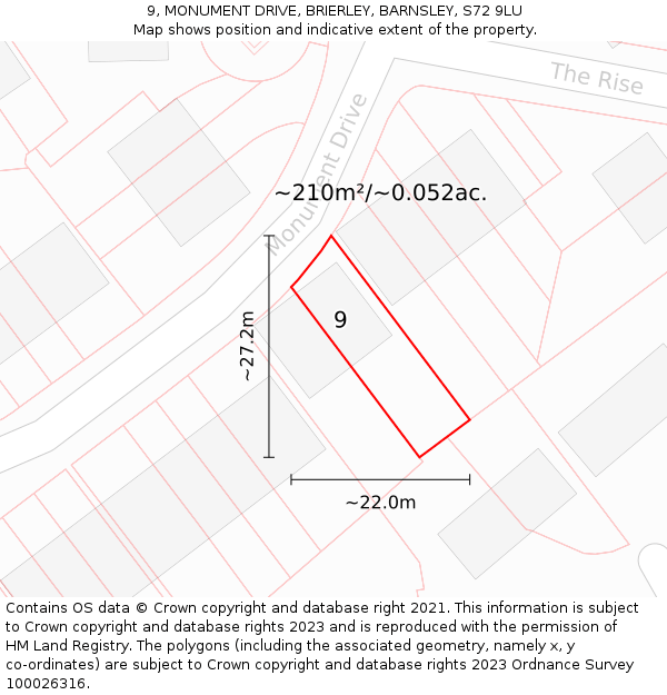 9, MONUMENT DRIVE, BRIERLEY, BARNSLEY, S72 9LU: Plot and title map