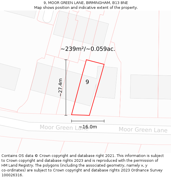 9, MOOR GREEN LANE, BIRMINGHAM, B13 8NE: Plot and title map