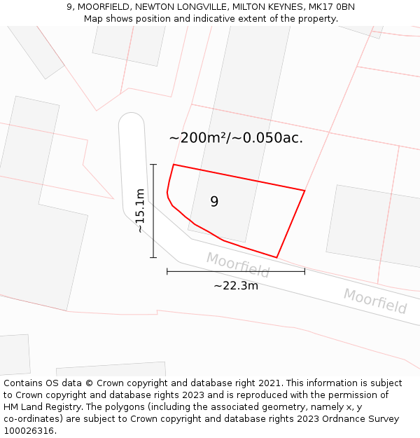 9, MOORFIELD, NEWTON LONGVILLE, MILTON KEYNES, MK17 0BN: Plot and title map