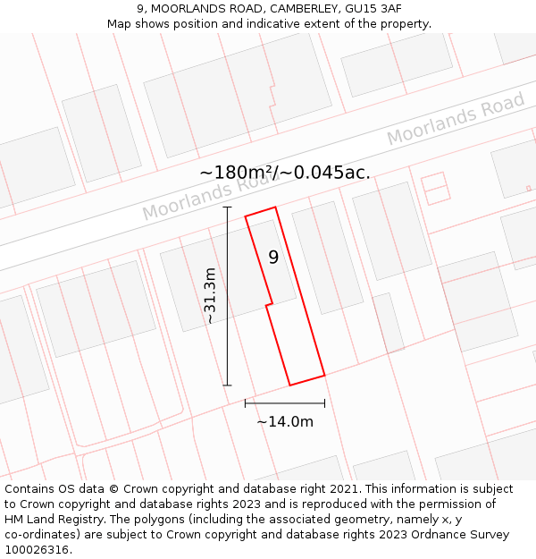 9, MOORLANDS ROAD, CAMBERLEY, GU15 3AF: Plot and title map