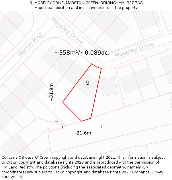 9, MOSELEY DRIVE, MARSTON GREEN, BIRMINGHAM, B37 7AG: Plot and title map