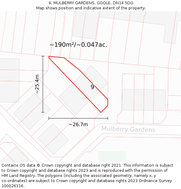 9, MULBERRY GARDENS, GOOLE, DN14 5DG: Plot and title map