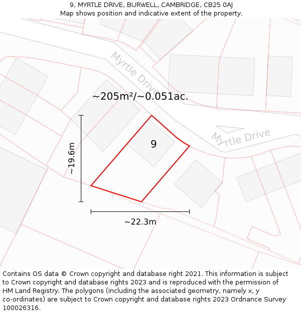 9, MYRTLE DRIVE, BURWELL, CAMBRIDGE, CB25 0AJ: Plot and title map