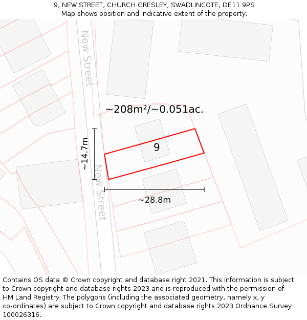 9, NEW STREET, CHURCH GRESLEY, SWADLINCOTE, DE11 9PS: Plot and title map