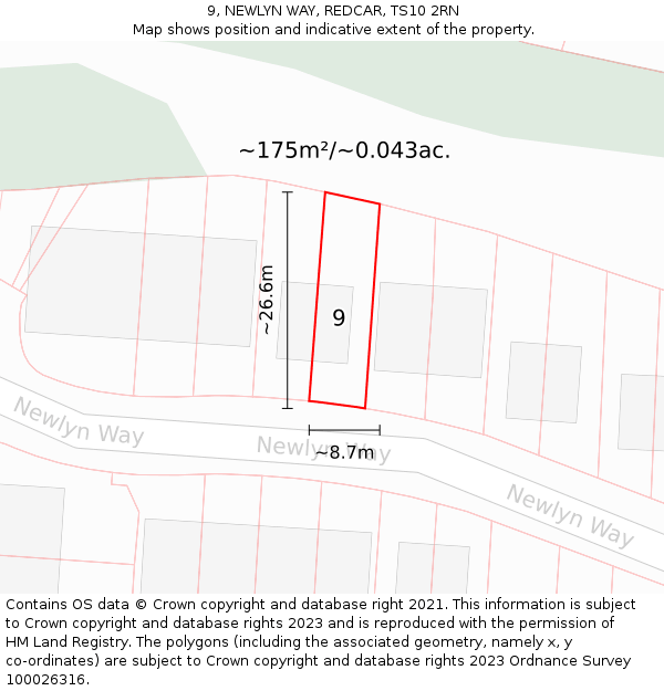 9, NEWLYN WAY, REDCAR, TS10 2RN: Plot and title map