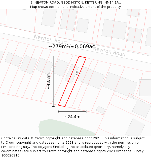 9, NEWTON ROAD, GEDDINGTON, KETTERING, NN14 1AU: Plot and title map