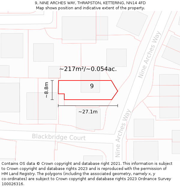 9, NINE ARCHES WAY, THRAPSTON, KETTERING, NN14 4FD: Plot and title map