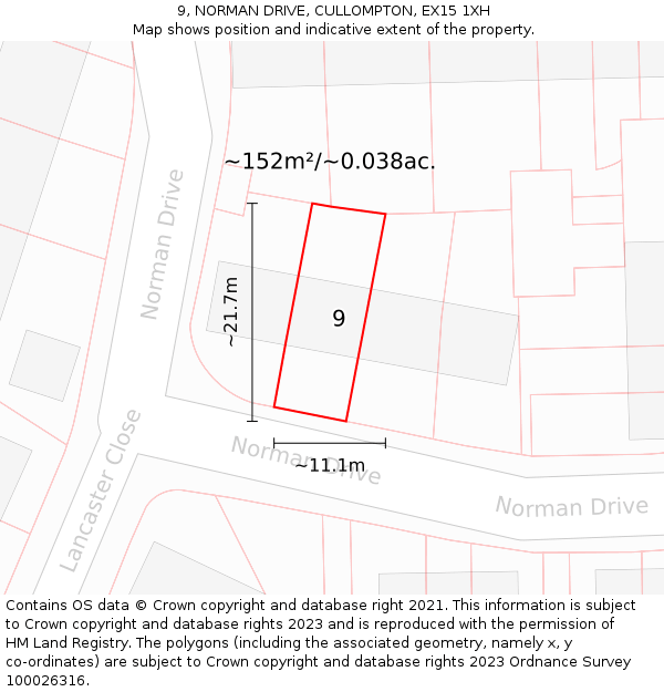 9, NORMAN DRIVE, CULLOMPTON, EX15 1XH: Plot and title map