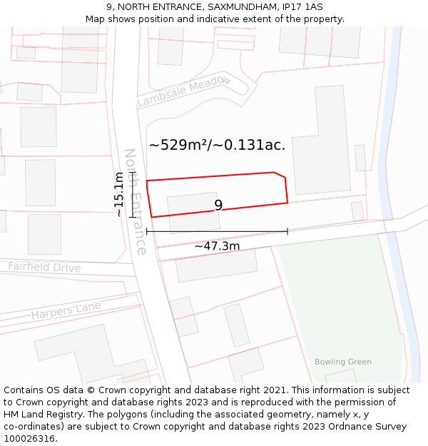 9, NORTH ENTRANCE, SAXMUNDHAM, IP17 1AS: Plot and title map