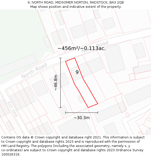 9, NORTH ROAD, MIDSOMER NORTON, RADSTOCK, BA3 2QB: Plot and title map